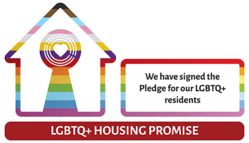 Logo of LGBTQ+ Housing Promise featuring a house with rainbow colours and text stating, 'We have signed the Pledge for our LGBTQ+ residents.'